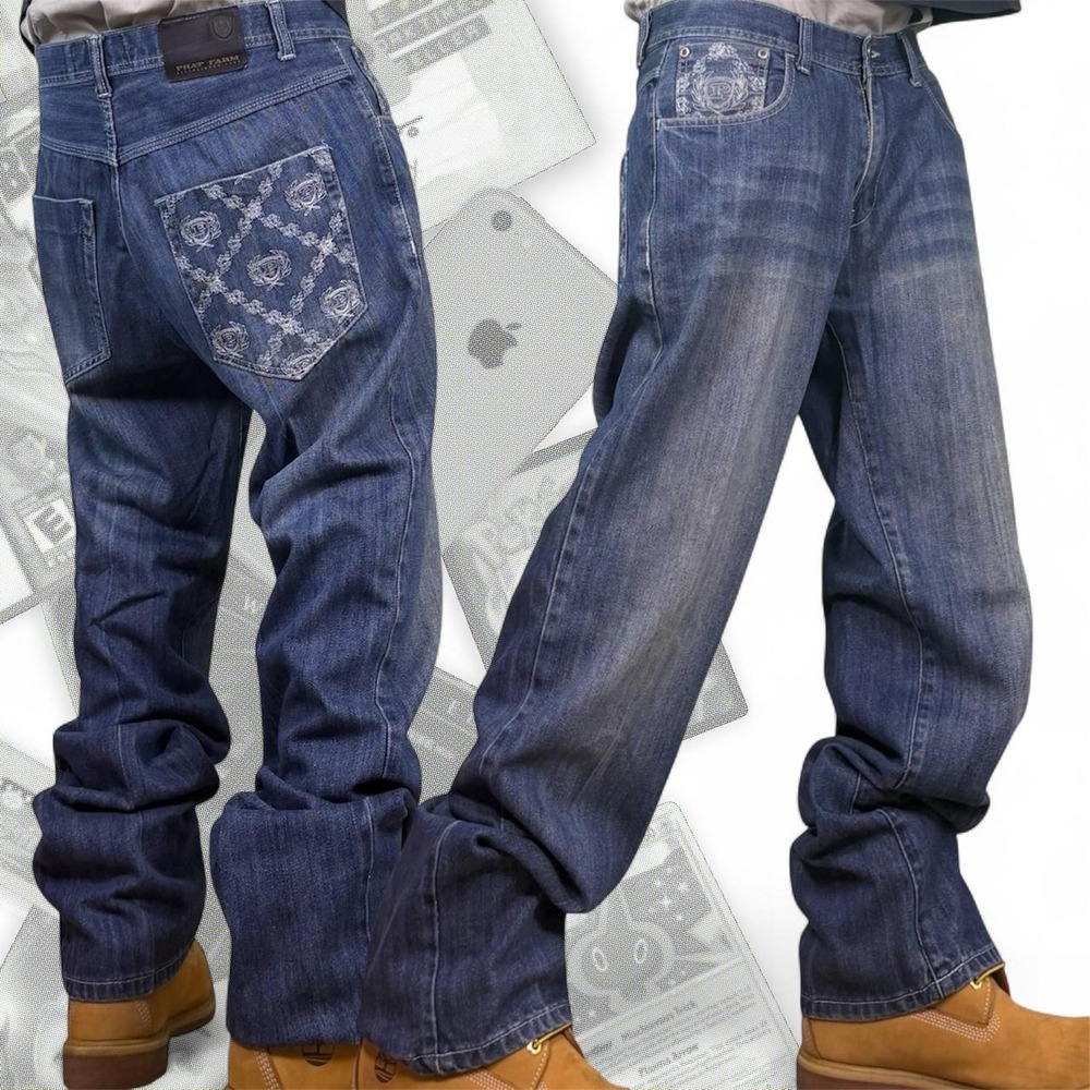 Vintage Y2K Blue Graphic Embroidered Baggy Wide Leg Phat Farm Jeans